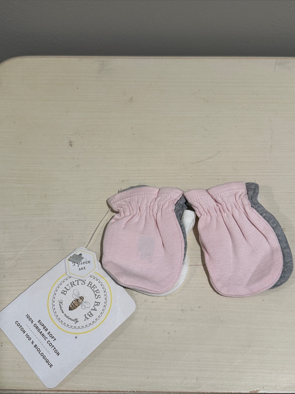 Burt's Bees Baby Pink White and Gray Organic Cotton Infant Mittens 3 Pack